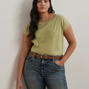 Lauren Ralph Lauren Plus Size Embroidered Boatneck Tee 1X Cotton Jersey